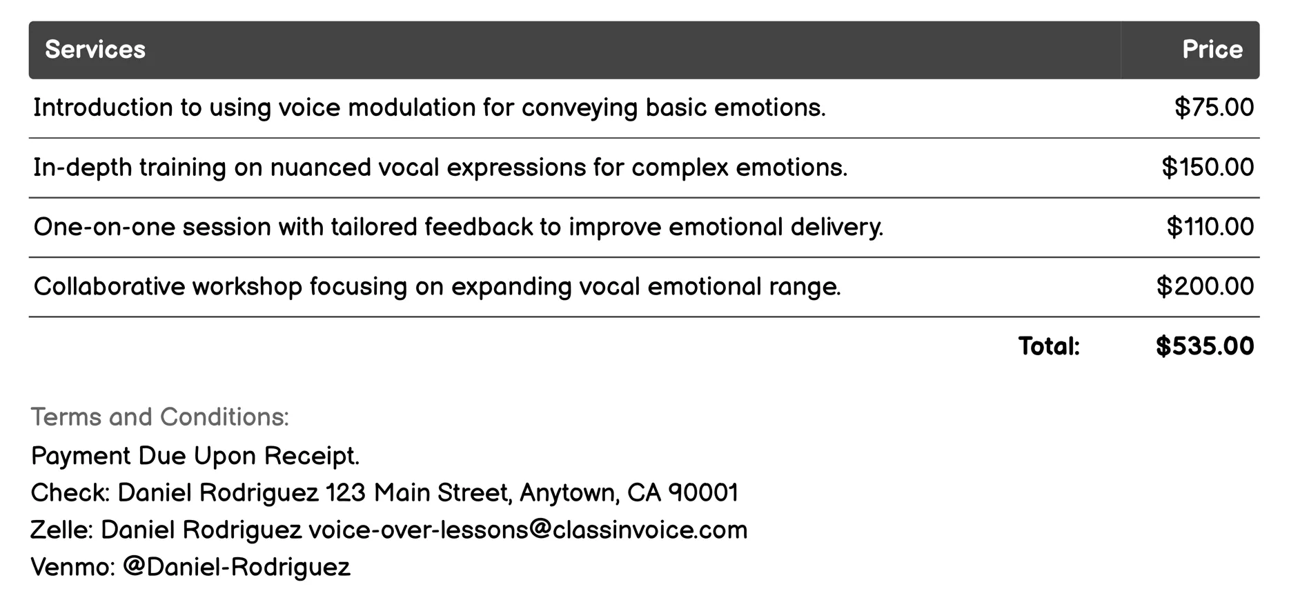 Emotional Expression Training Invoice Example