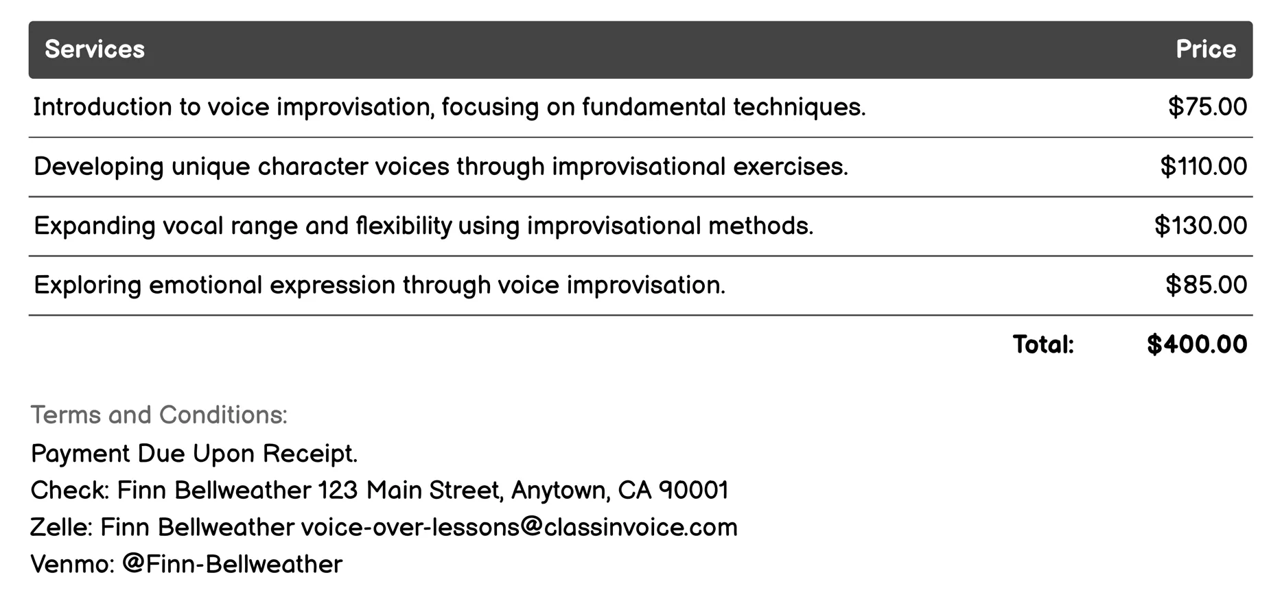 Improvisational Voice Work Invoice Example