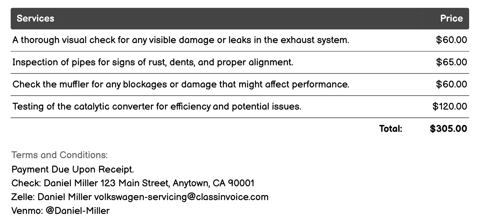 Exhaust System Inspection Invoice Example