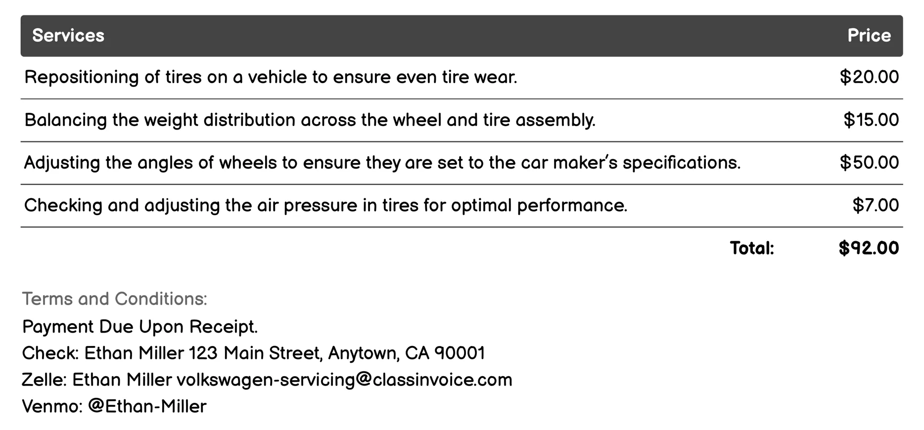 Tire Services Invoice Example