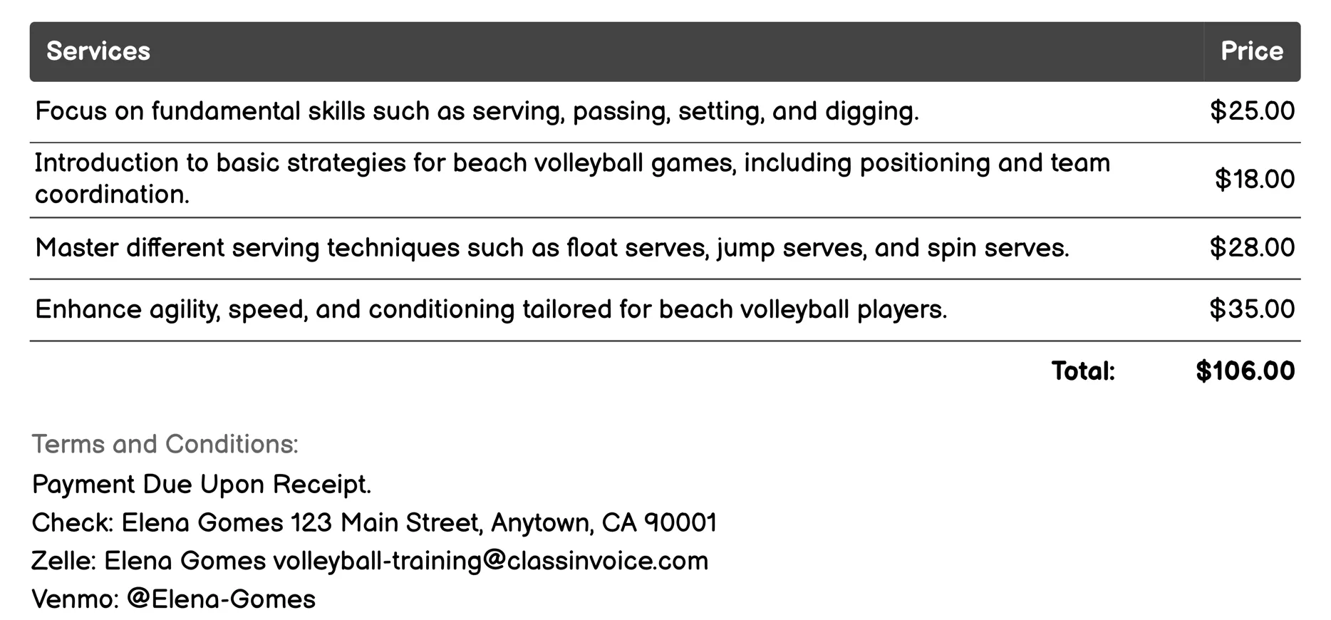 Beach Volleyball Training Invoice Example