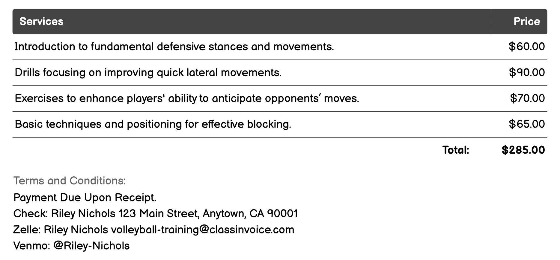 Defense and Blocking Clinics Invoice Example