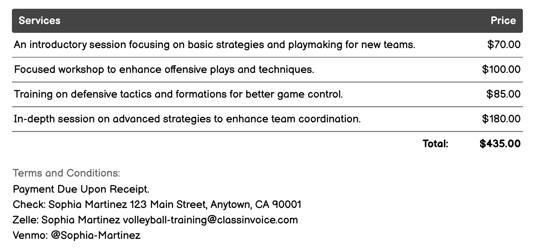 Team Strategy and Playmaking Sessions Invoice Example