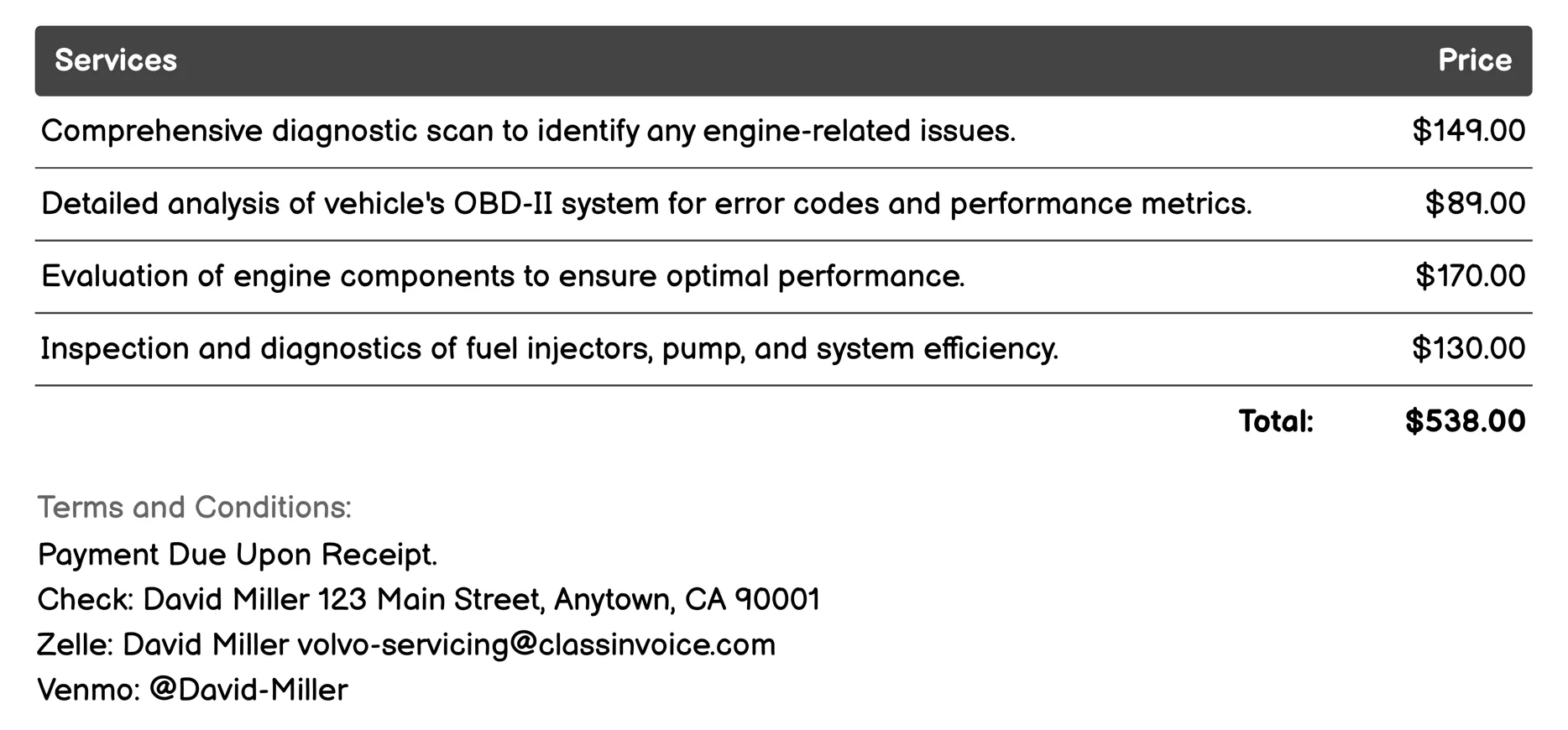 Engine Diagnostics Invoice Example