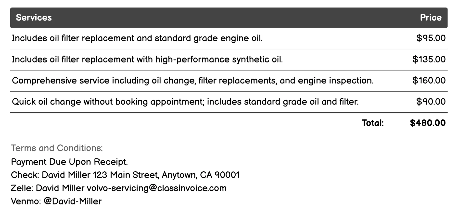 Oil Change Invoice Example