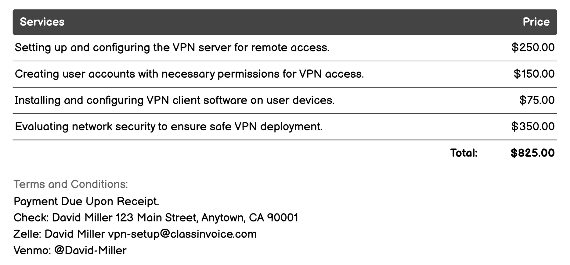 Remote Access VPN Invoice Example
