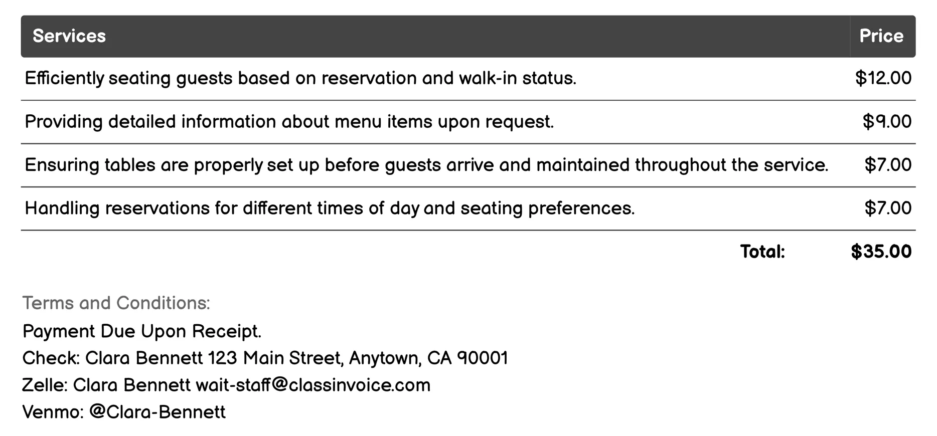 Bistro Hosts/Hostesses Invoice Example