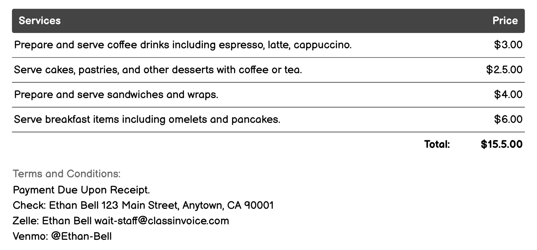 Cafe Barista Staff Invoice Example