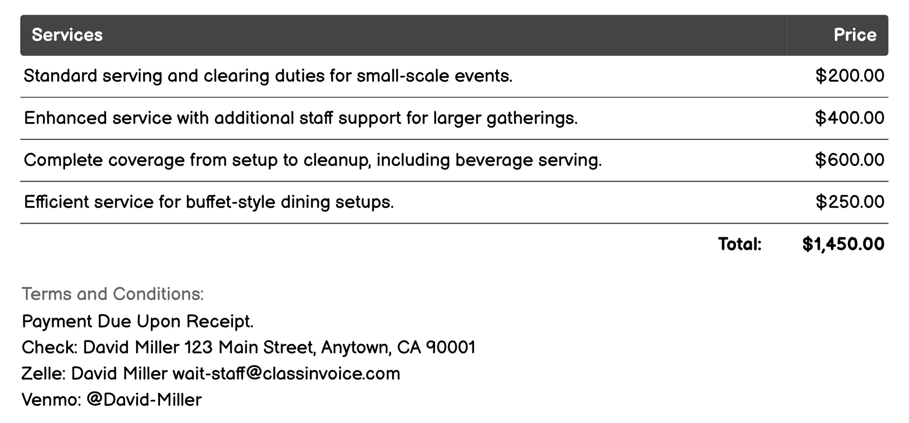 Catering Event Servers Invoice Example