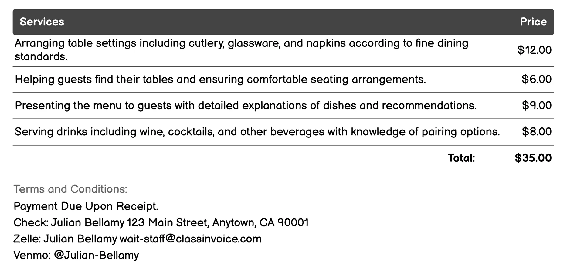 Fine Dining Maître d’ Service Staff Invoice Example