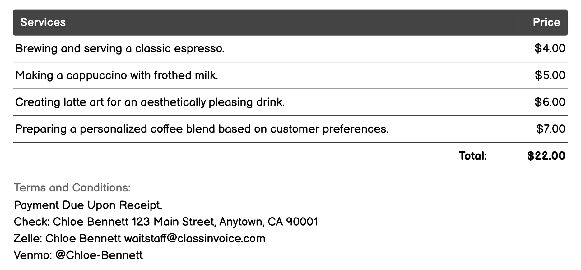 Barista Invoice Example