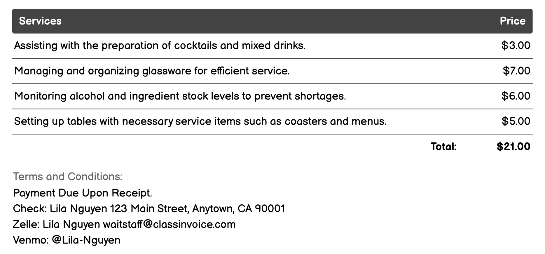 Bartender Invoice Example