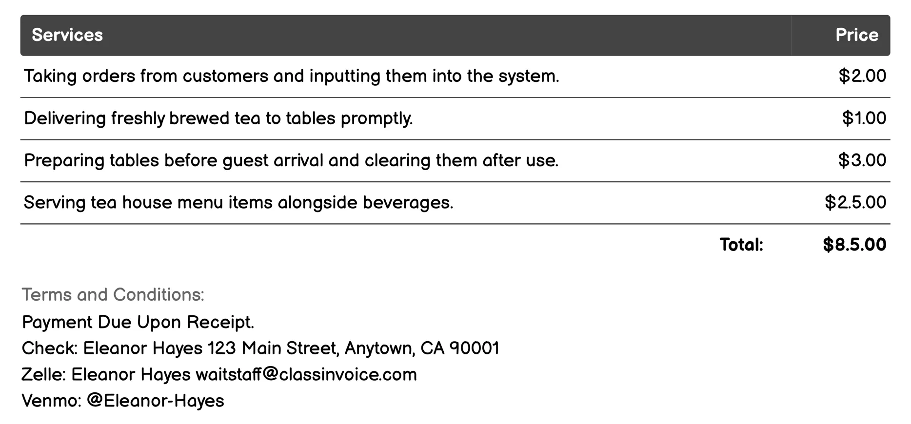 Tea House Attendant Invoice Example