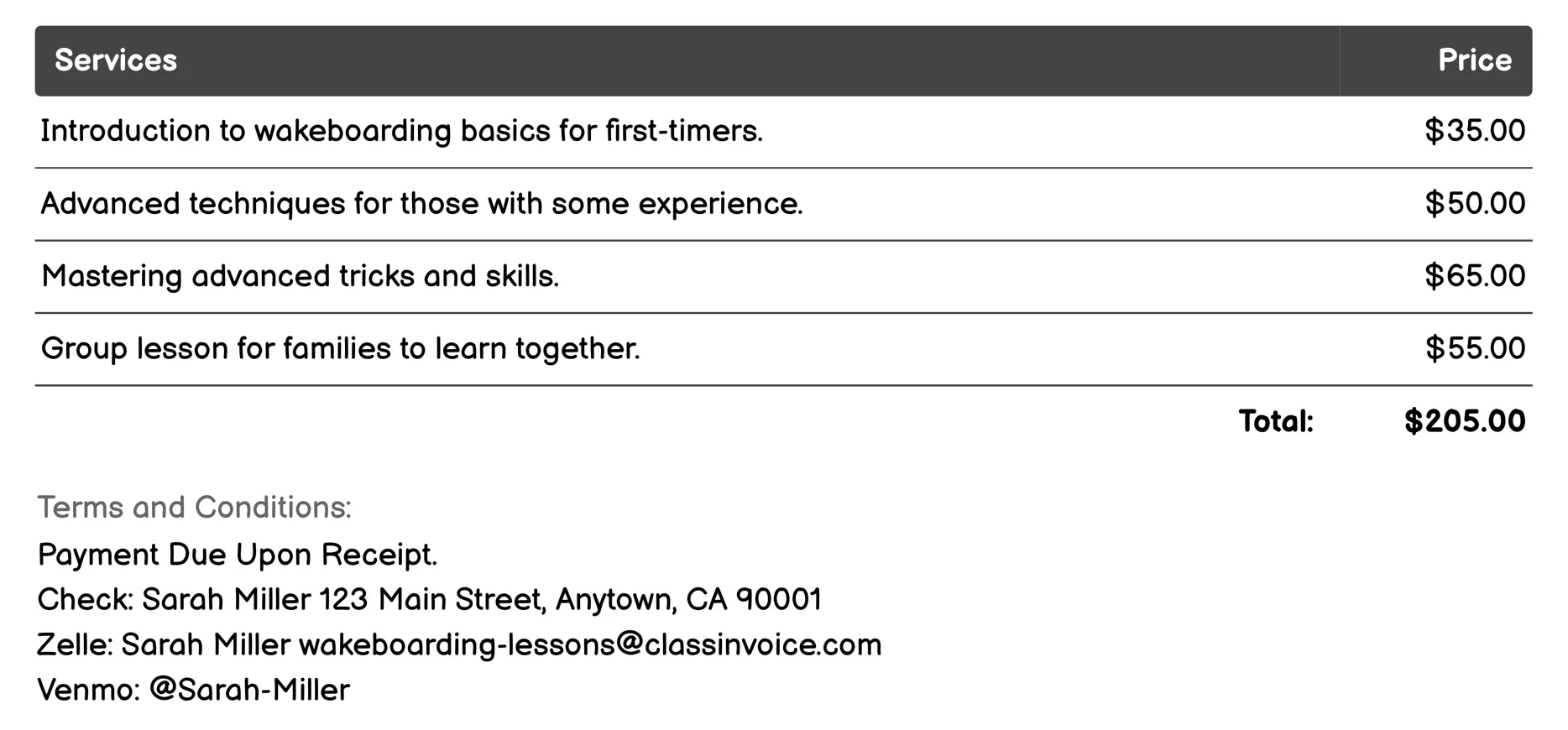 Wakeboard Rental Service Invoice Example