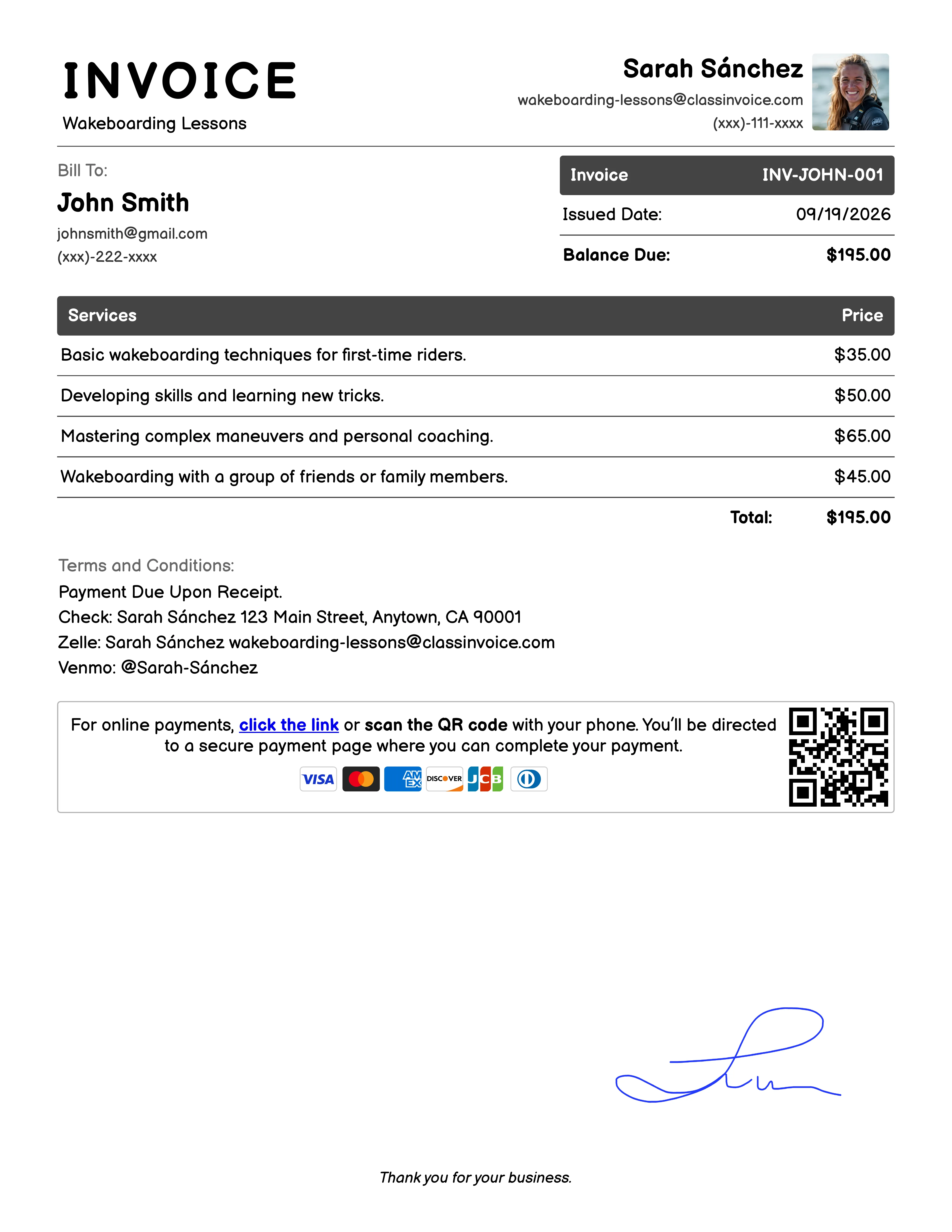 Wakeboarding Lessons Invoice Example