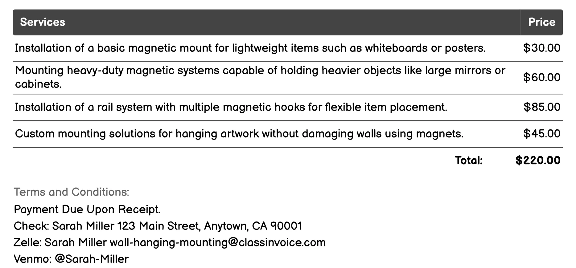 Magnetic Mounting Invoice Example
