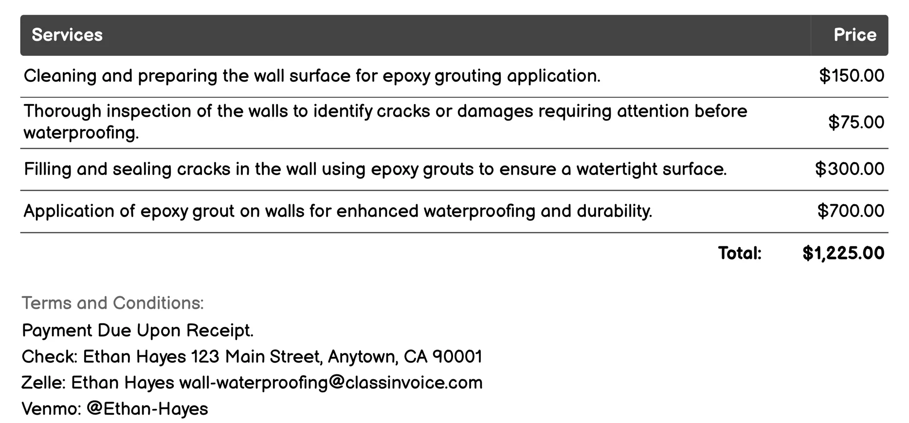 Epoxy Grouting Invoice Example