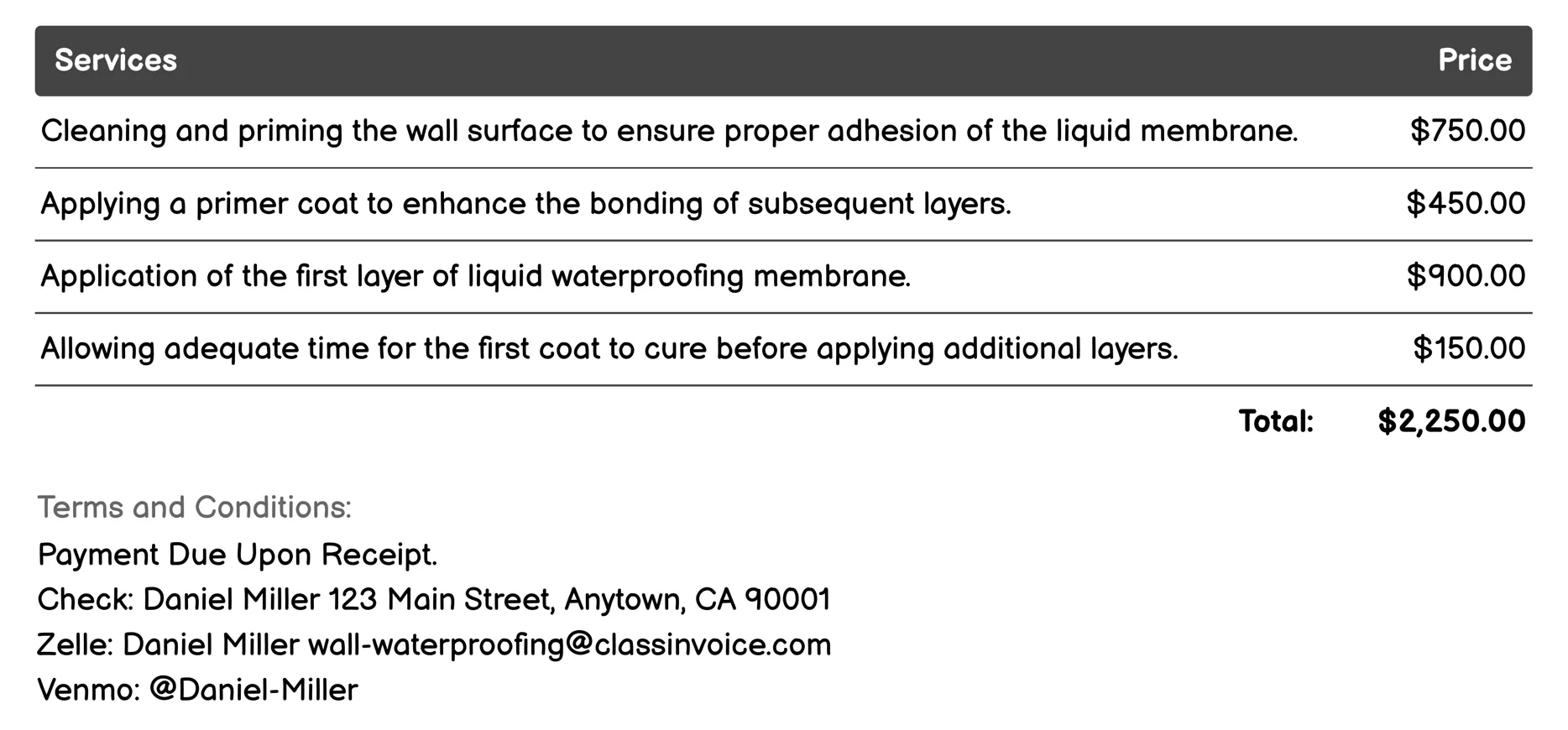 Liquid Membrane Application Invoice Example