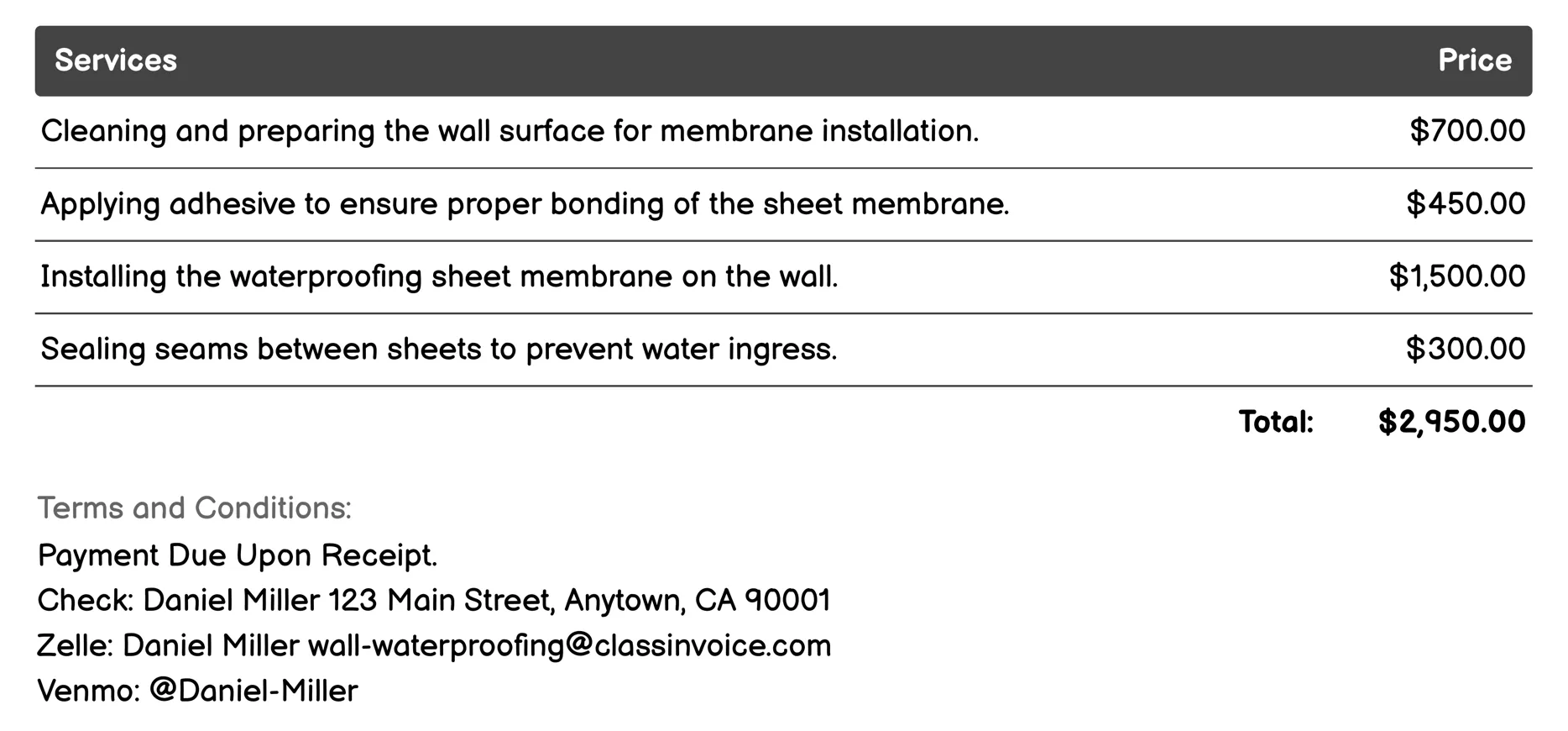Sheet Membrane Installation Invoice Example