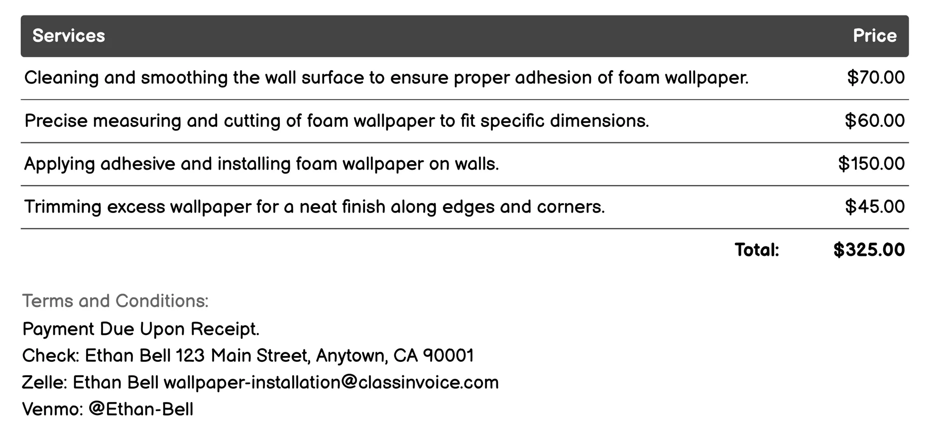 Foam Wallpaper Invoice Example