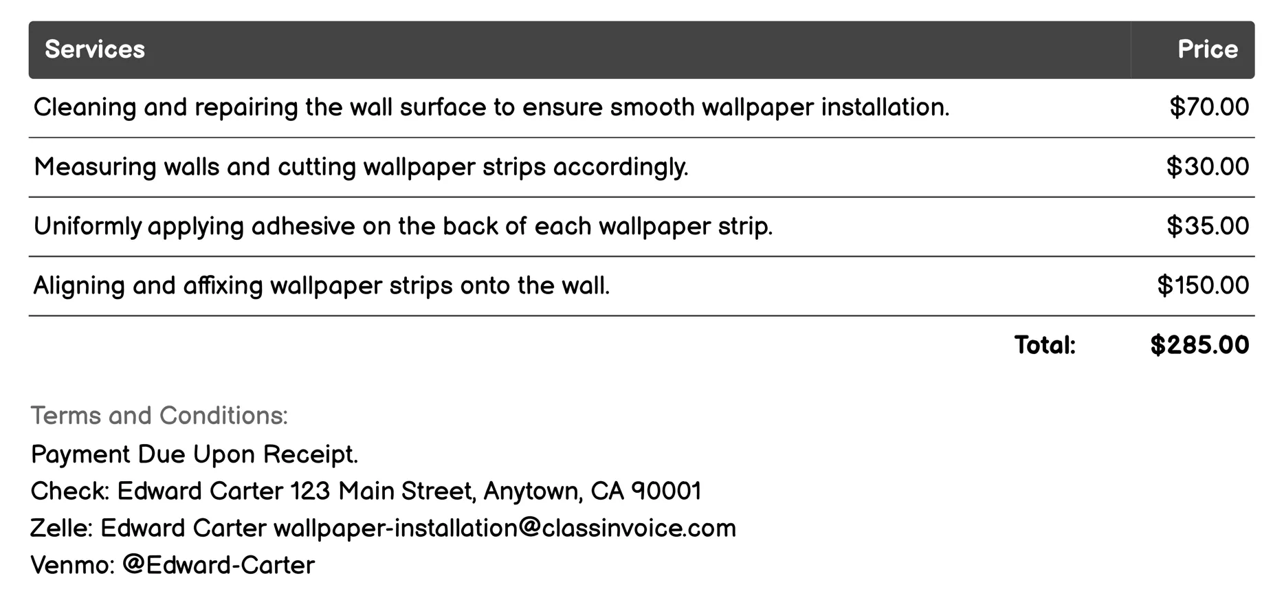 Traditional Wallpaper Invoice Example