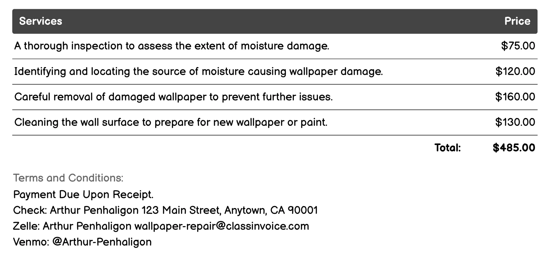 Moisture Damage Repair Invoice Example