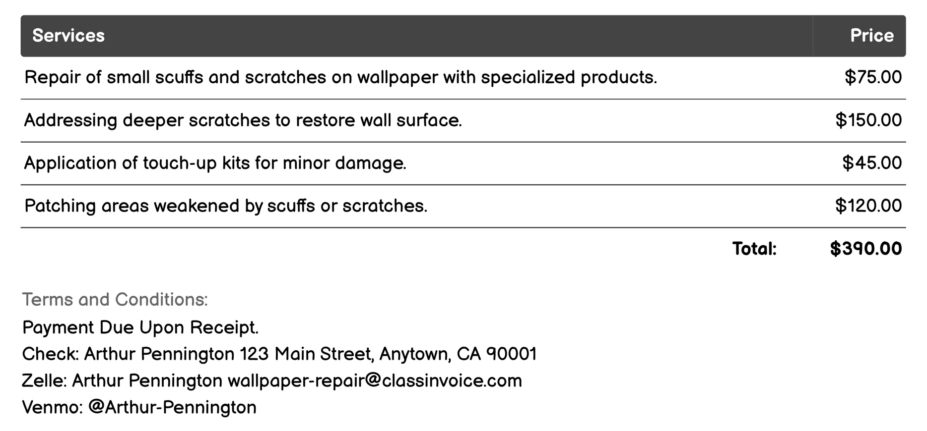 Scuff and Scratch Repair Invoice Example