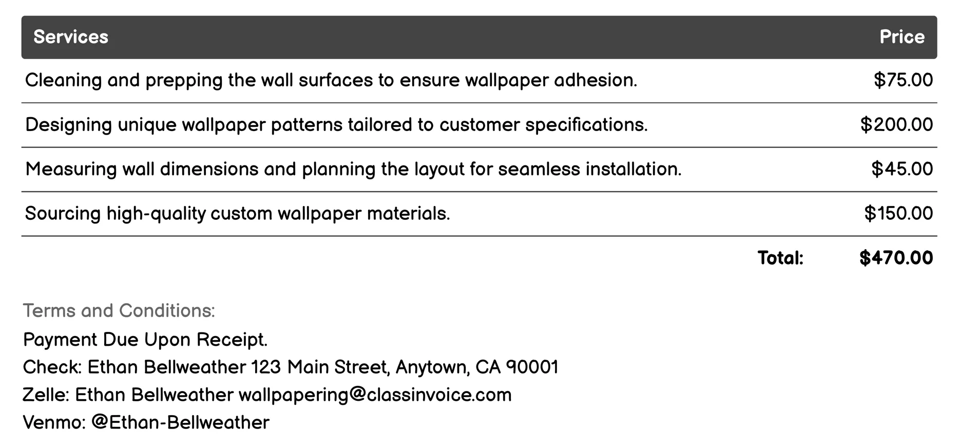 Custom Design Wallpaper Installation Invoice Example