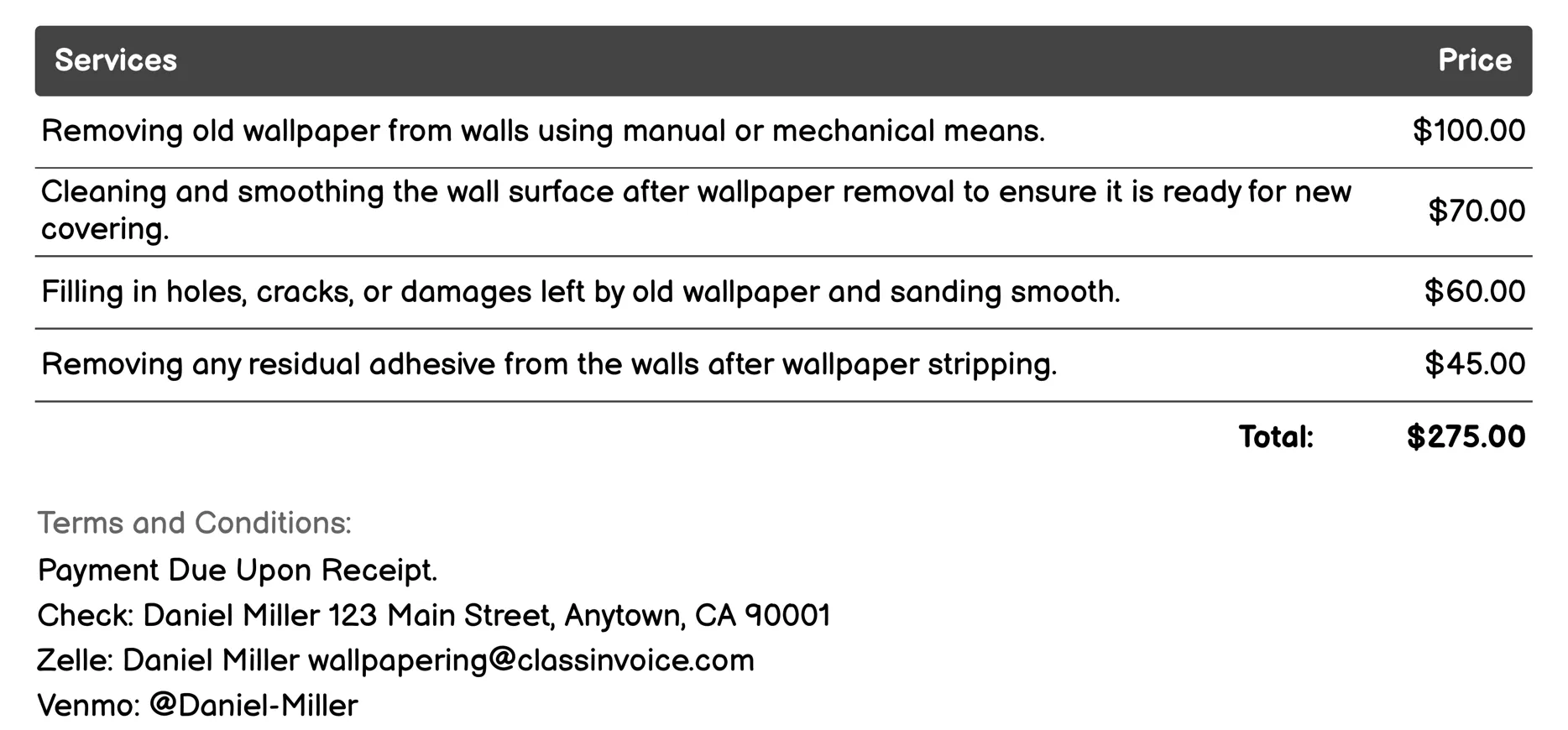 Removal of Old Wallpaper Invoice Example
