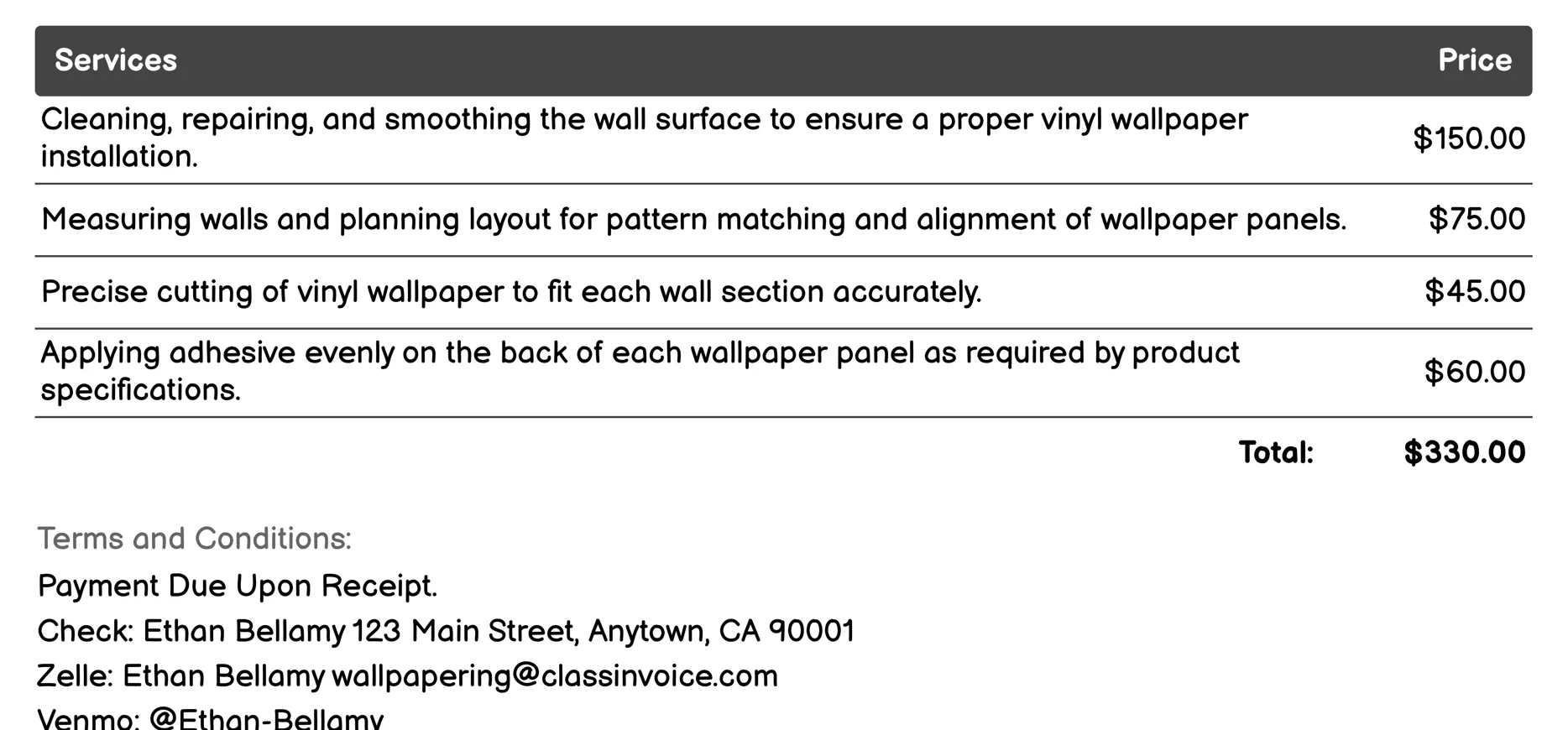 Vinyl Wallpaper Installation Invoice Example