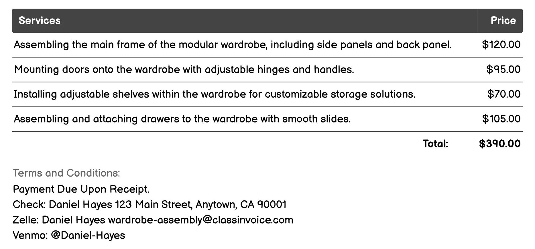 Modular Wardrobe Assembly Invoice Example