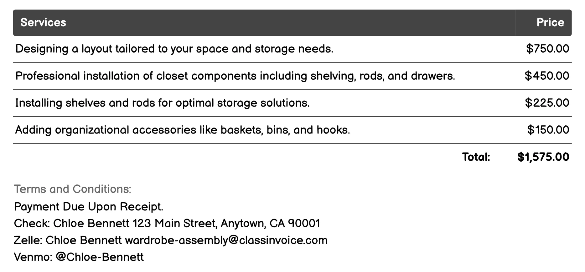 Walk-In Closet Setup Invoice Example