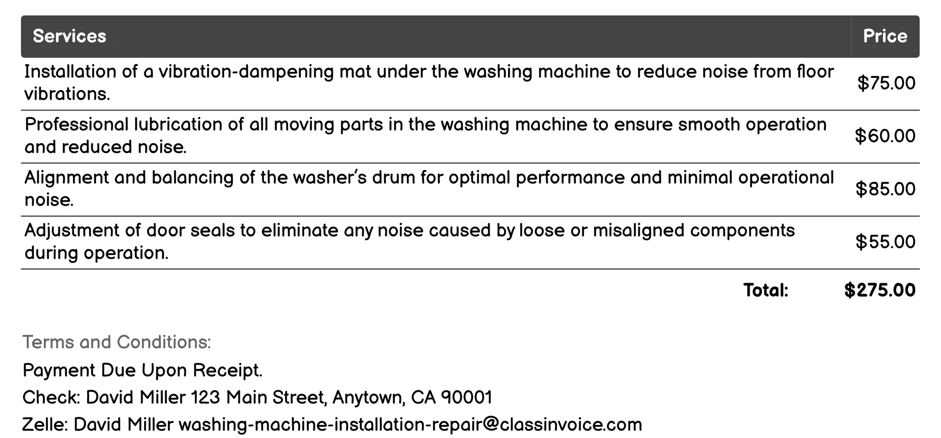 Noise Reduction Services Invoice Example