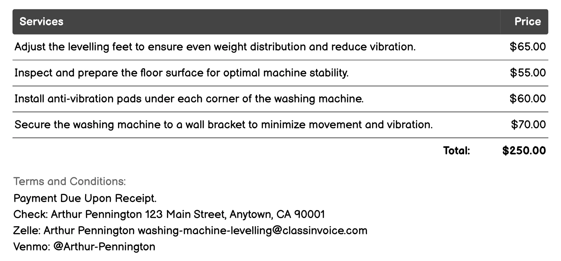 Vibration Reduction Invoice Example