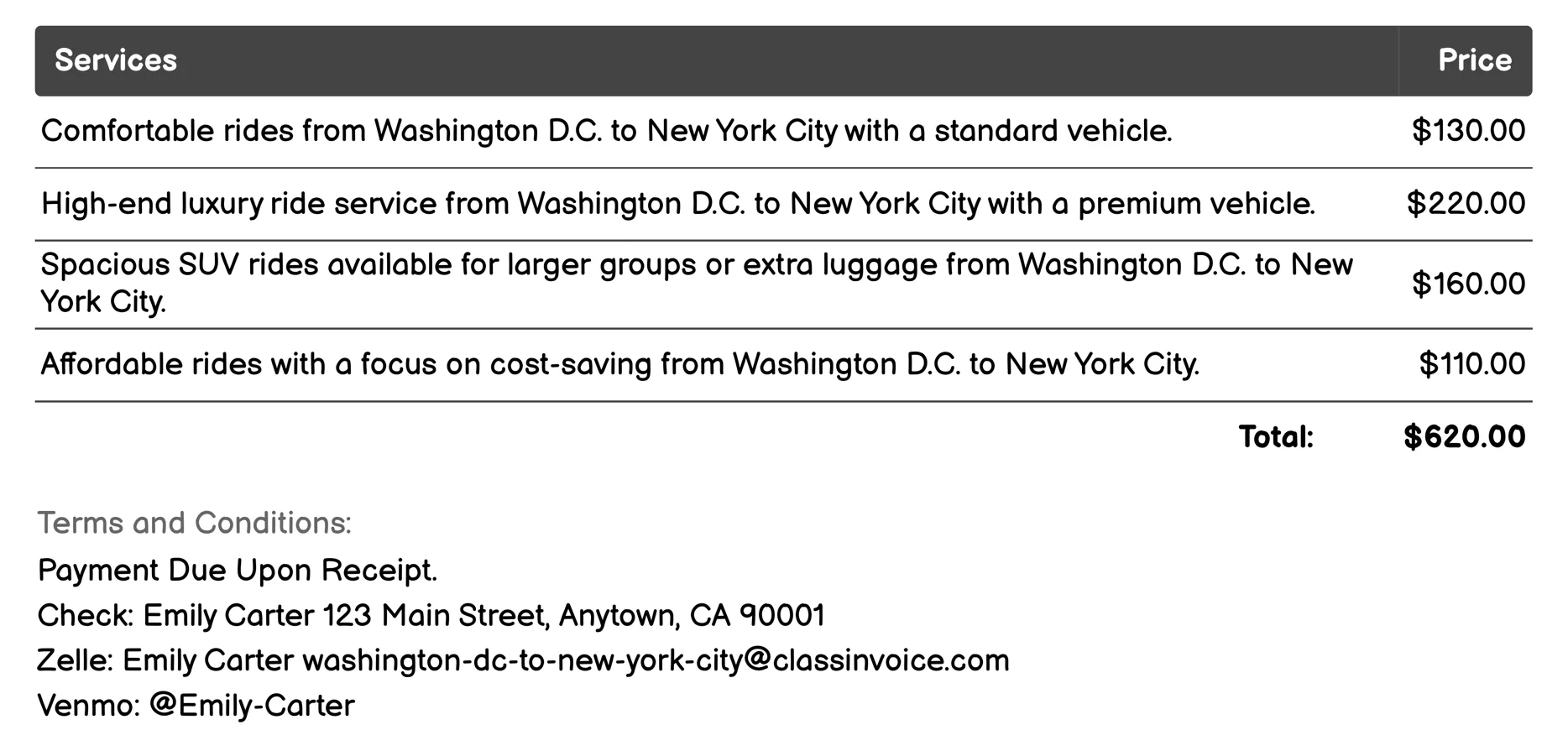 Rideshare Service Invoice Example