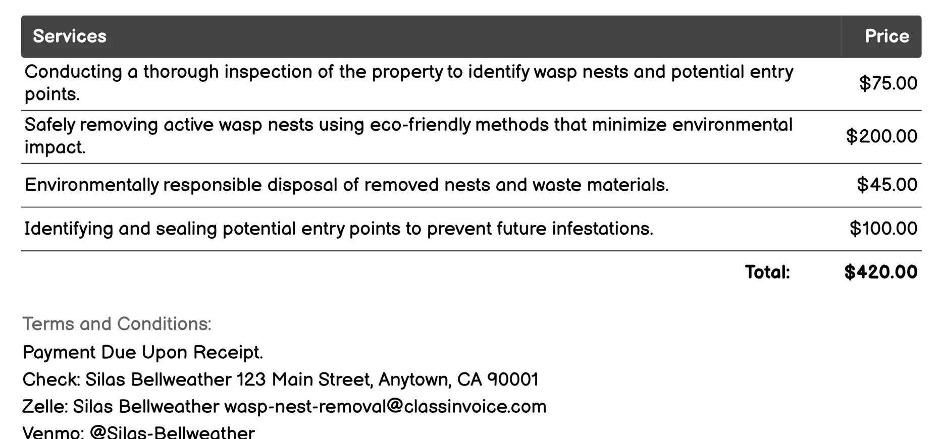 Eco-Friendly Extermination Invoice Example