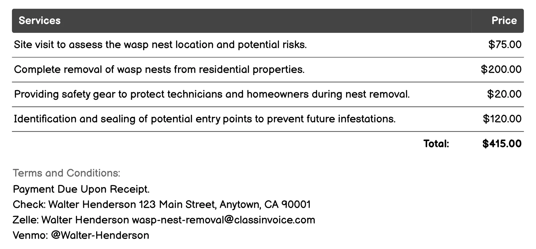 Residential Wasp Nest Removal Invoice Example
