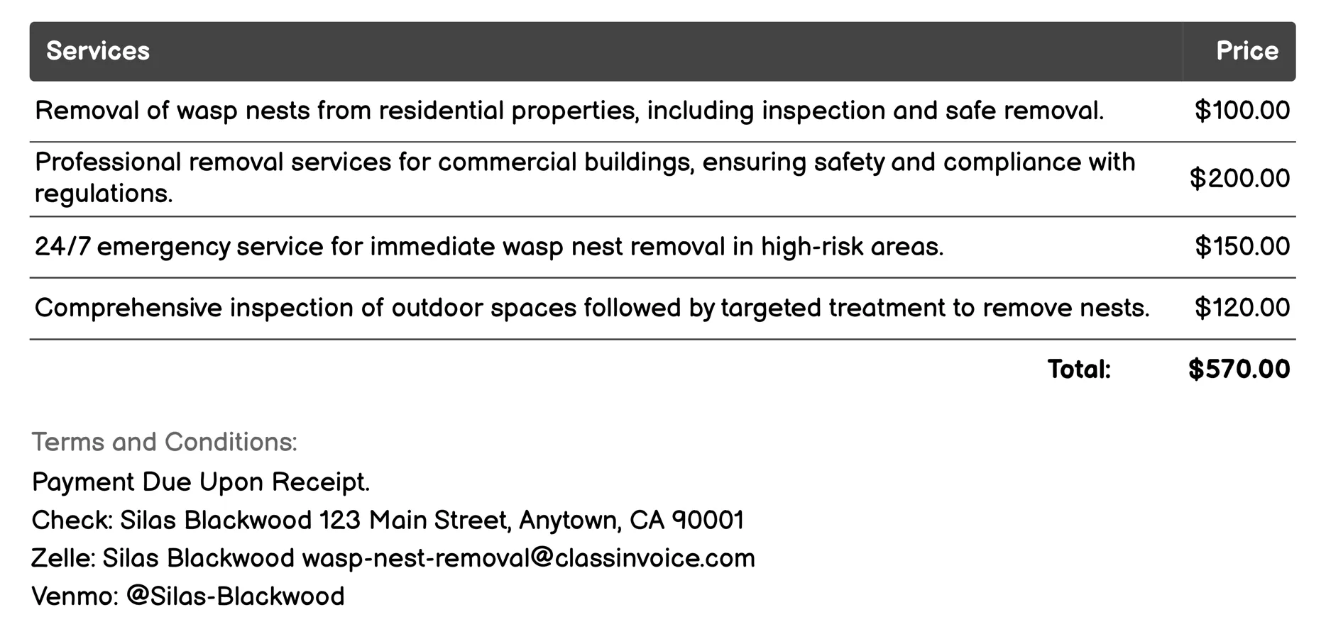 Seasonal Wasp Control Services Invoice Example