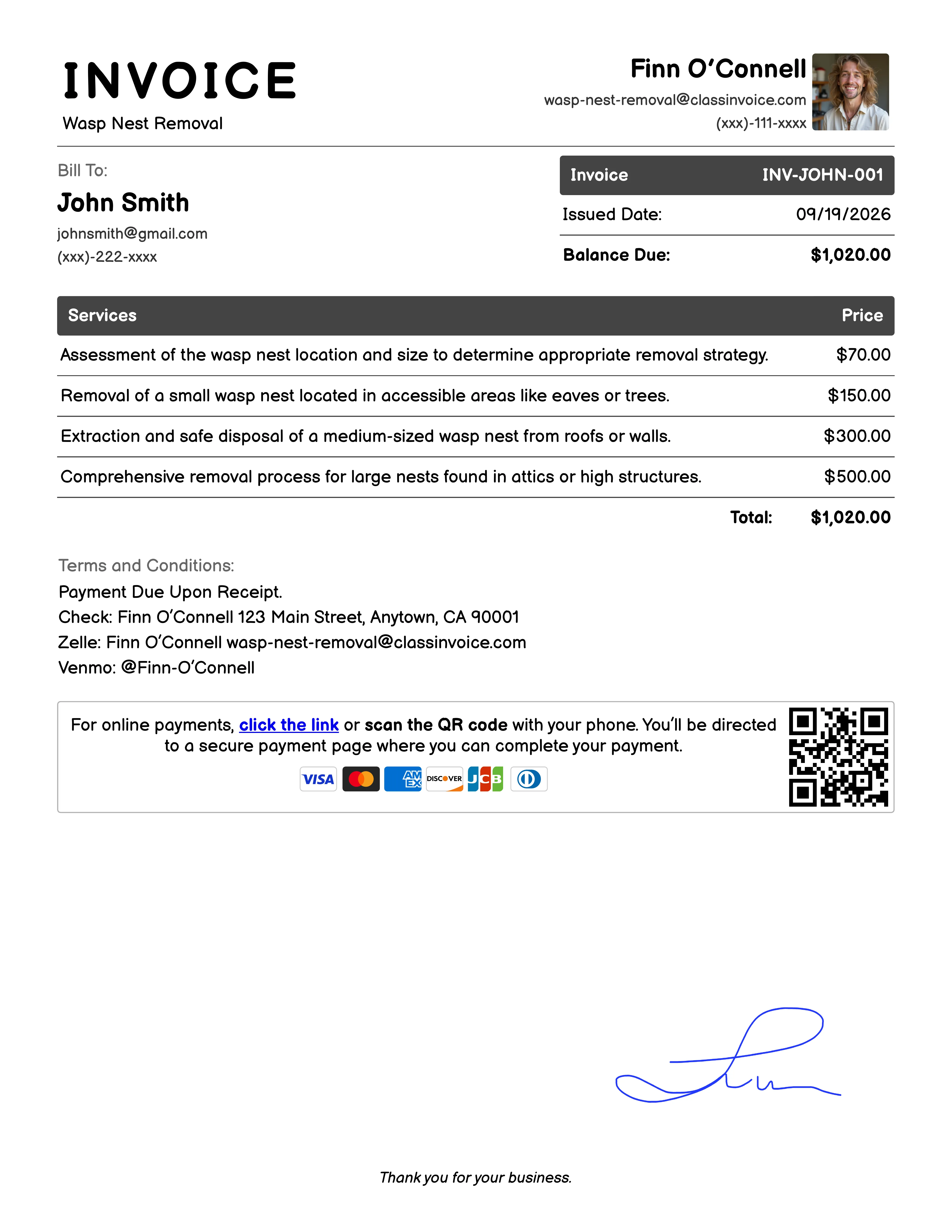 Wasp Nest Removal Invoice Example