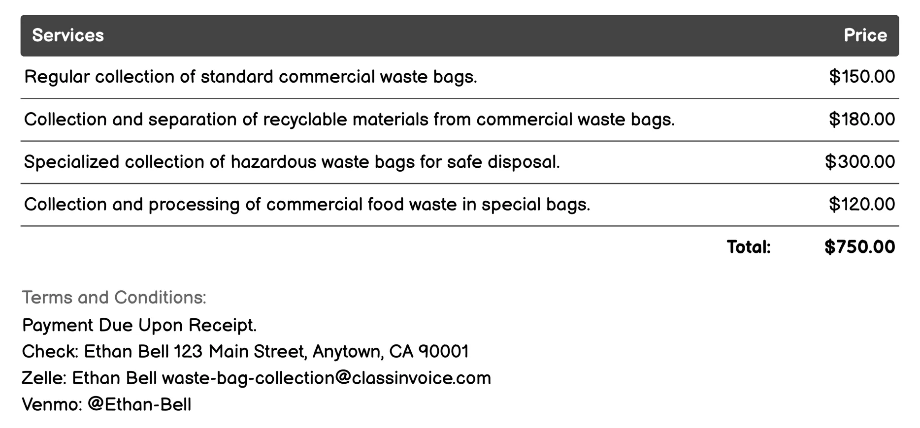 Commercial Waste Bag Collection Invoice Example
