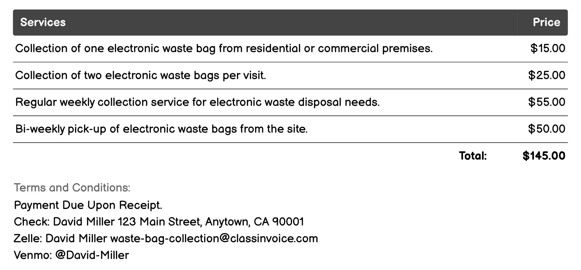 Electronic Waste Bag Collection Invoice Example
