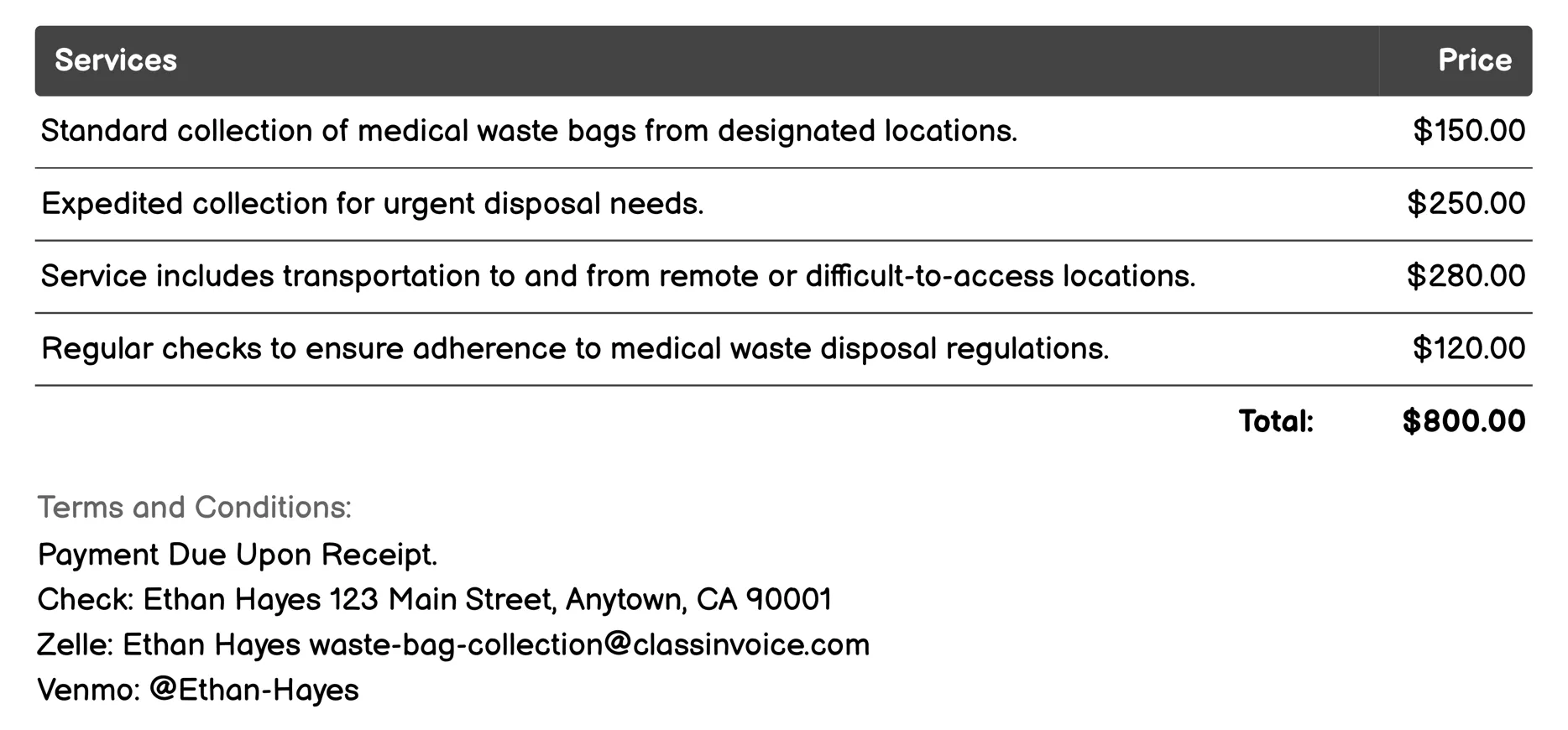 Medical Waste Bag Collection Invoice Example
