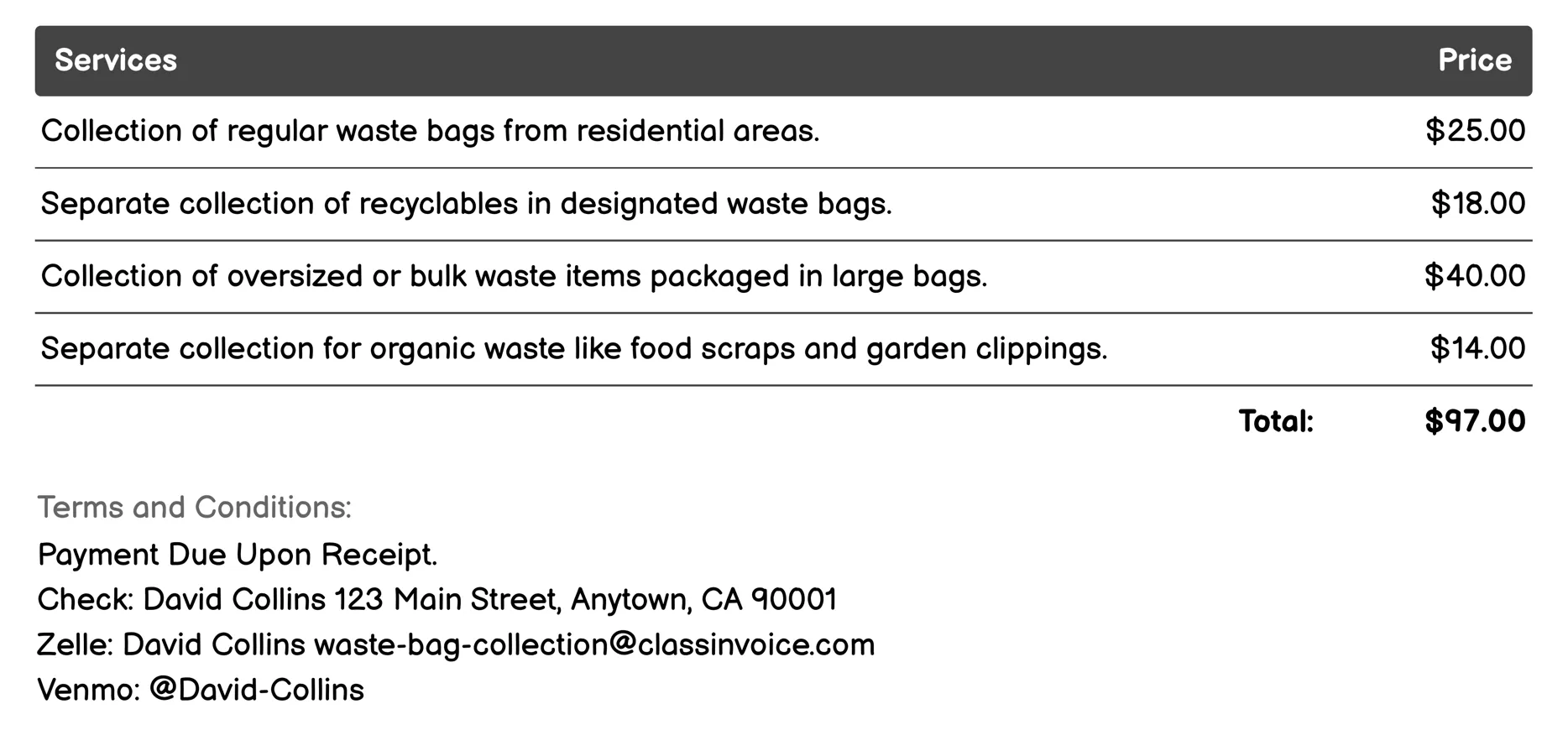 Residential Waste Bag Collection Invoice Example