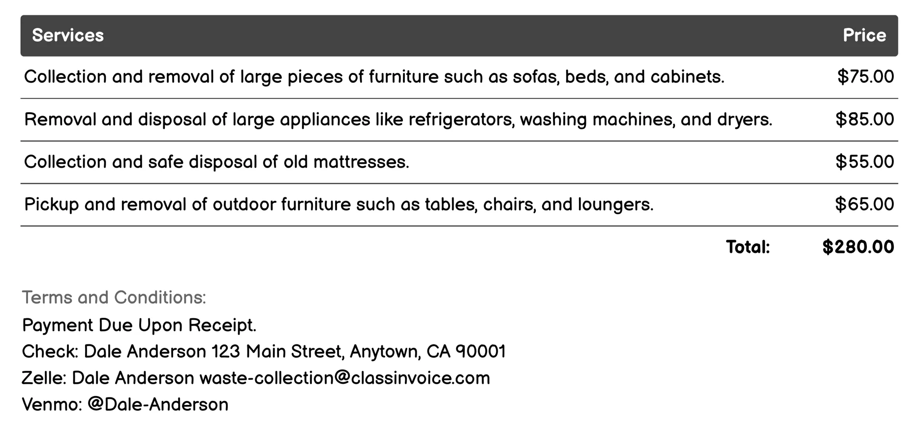 Bulk Item Collection Invoice Example