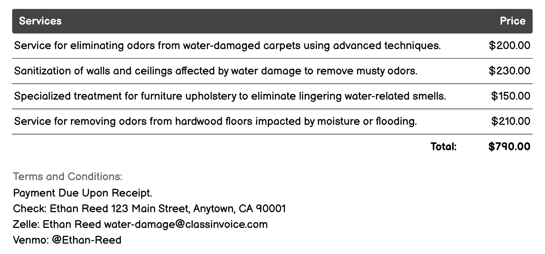 Odor Removal and Sanitization Invoice Example
