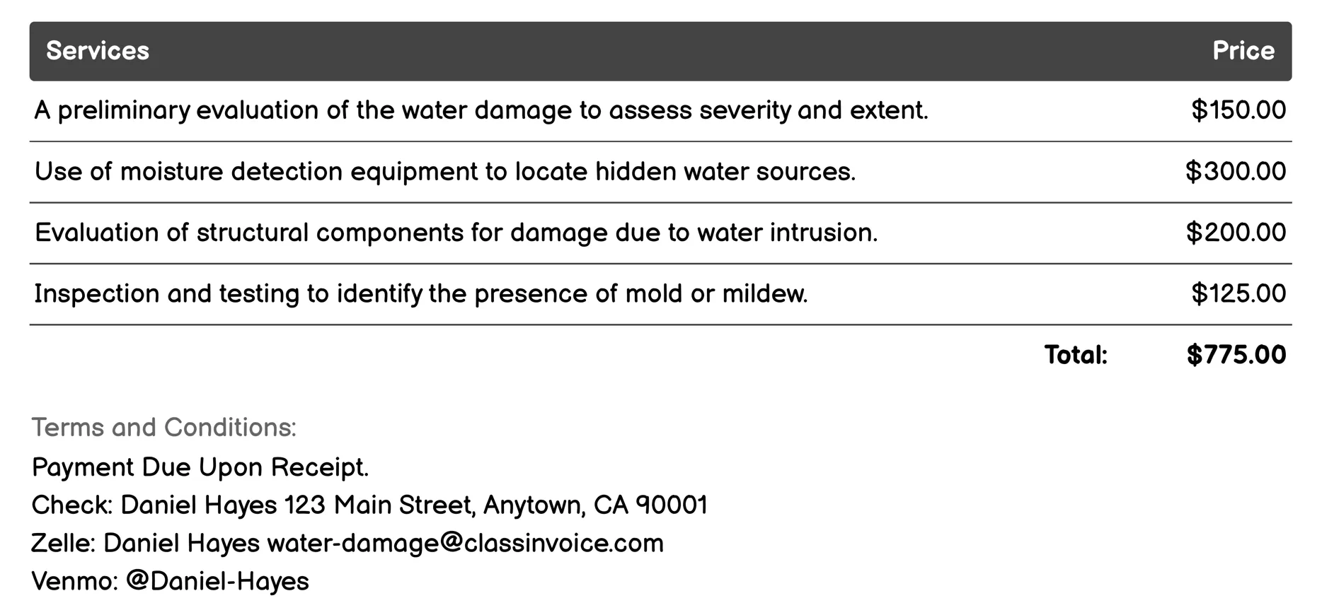 Water Damage Assessment Invoice Example