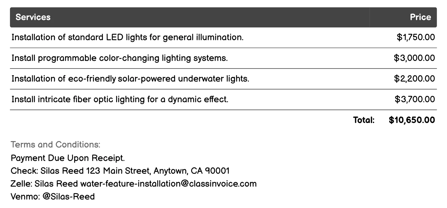 Underwater Lighting Systems Invoice Example