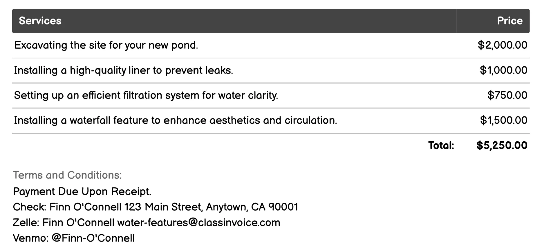 Ponds Invoice Example