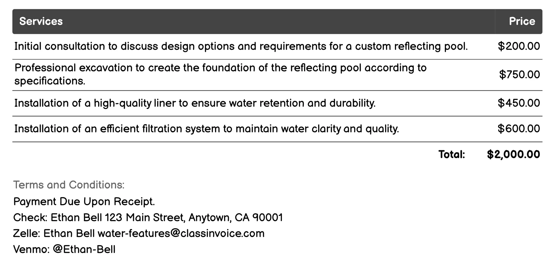 Reflecting Pools Invoice Example