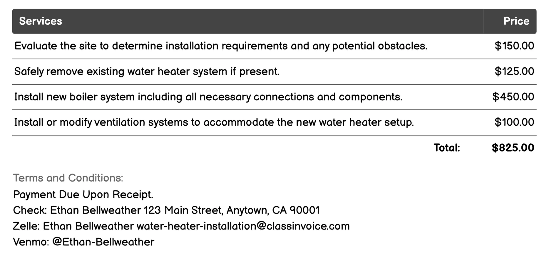 Boiler System Water Heater Installation Invoice Example
